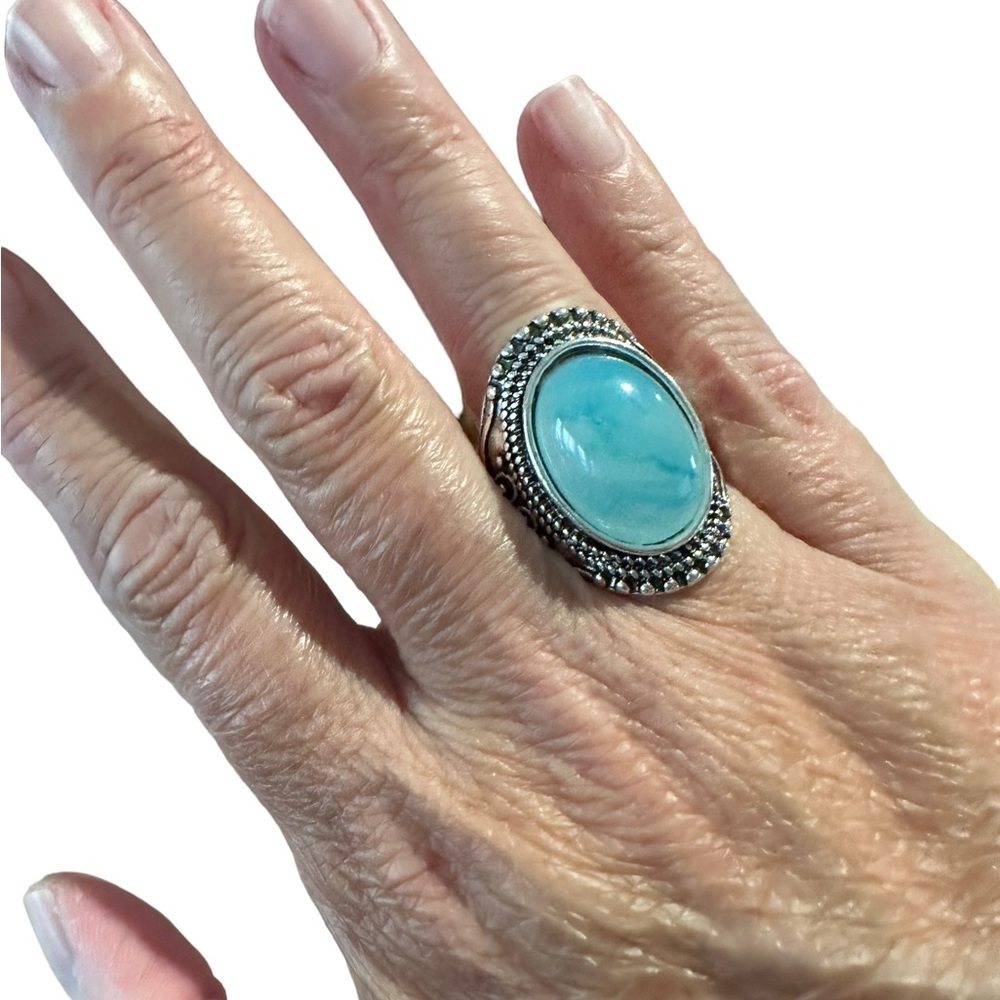 Boho Style Light Blue and Vintage Silver Ring